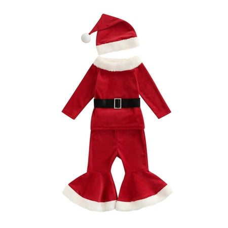 

Fanvereka Toddler Girls 3Pcs Christmas Outfits Long Sleeve Plush Trim Belted Tops + Flare Pants + Santa Hat Set