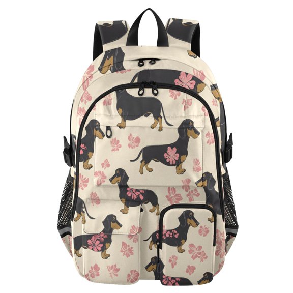 DIXRUYEE Pink Flower Dachshund Pattern Backpack for School 14”Laptop Compatible with Reflective Safety Strips