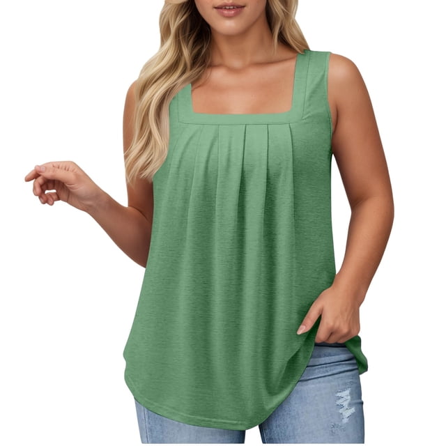 Gpoecd Plus Size Tank Tops for Women Women's Casual Square Neck Pure Color Ruffle Detail Blouse for Spring Summer Camisole Tops for Women Light Green,L