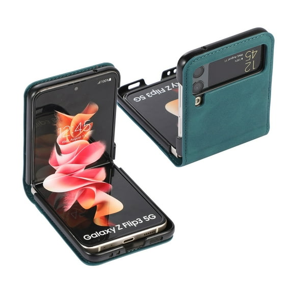 TECH CIRCLE for Samsung Galaxy Z Flip 4 6.7" 2022 Folding Case, PU Leather Wallet Case with Cart Slot Heavy Duty Full Body Protective Case for Samsung Z Flip 4 Women Men, Green