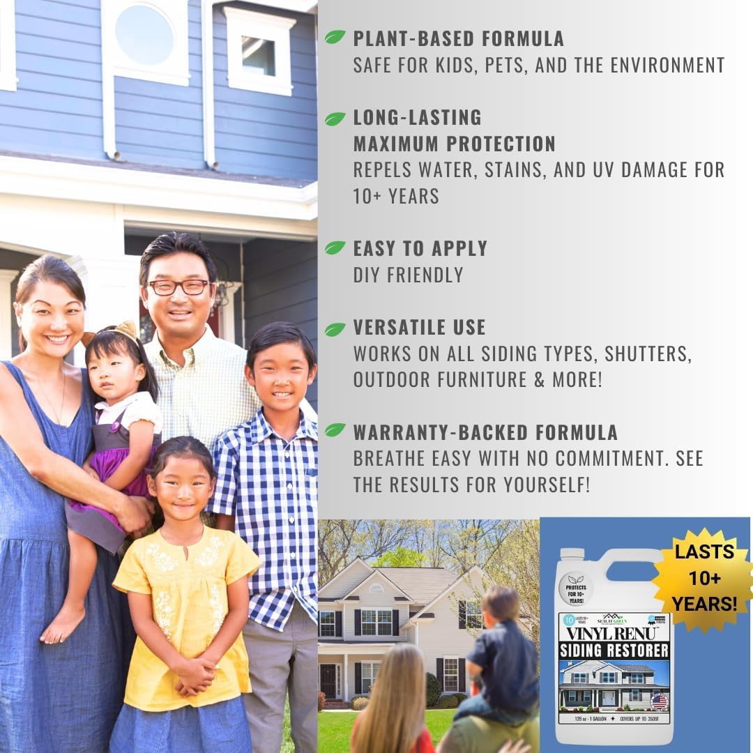 Vinyl Renu Premium Siding Restorer | Lasts 10+ Yrs | Restores Original Color & Beauty To All Siding Types | Rejuvenates & Protects Siding, Doors & Patio Furniture | Complete Kit (1 Gallon)