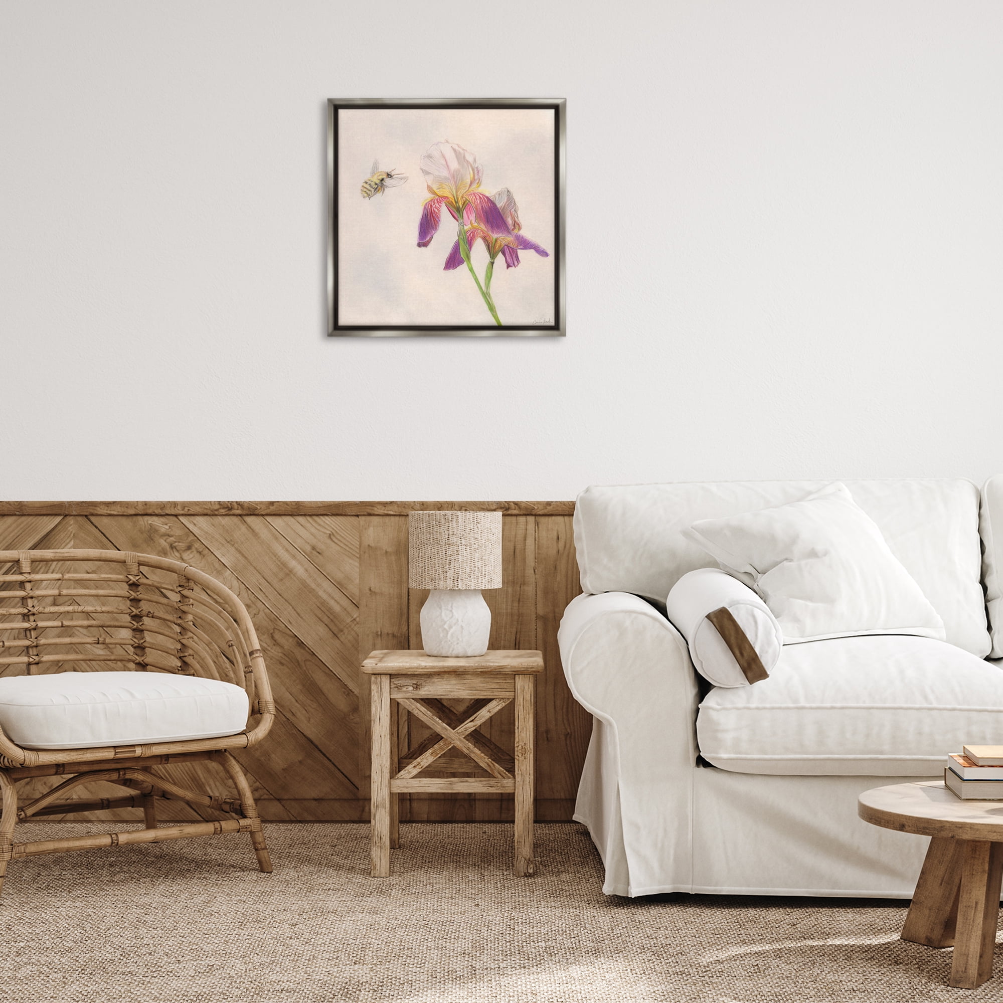 Stupell Industries Spring Offerings Bee Animals & Insects Painting Gray Floater Framed Canvas Art Print Wall Art, 25 x 25