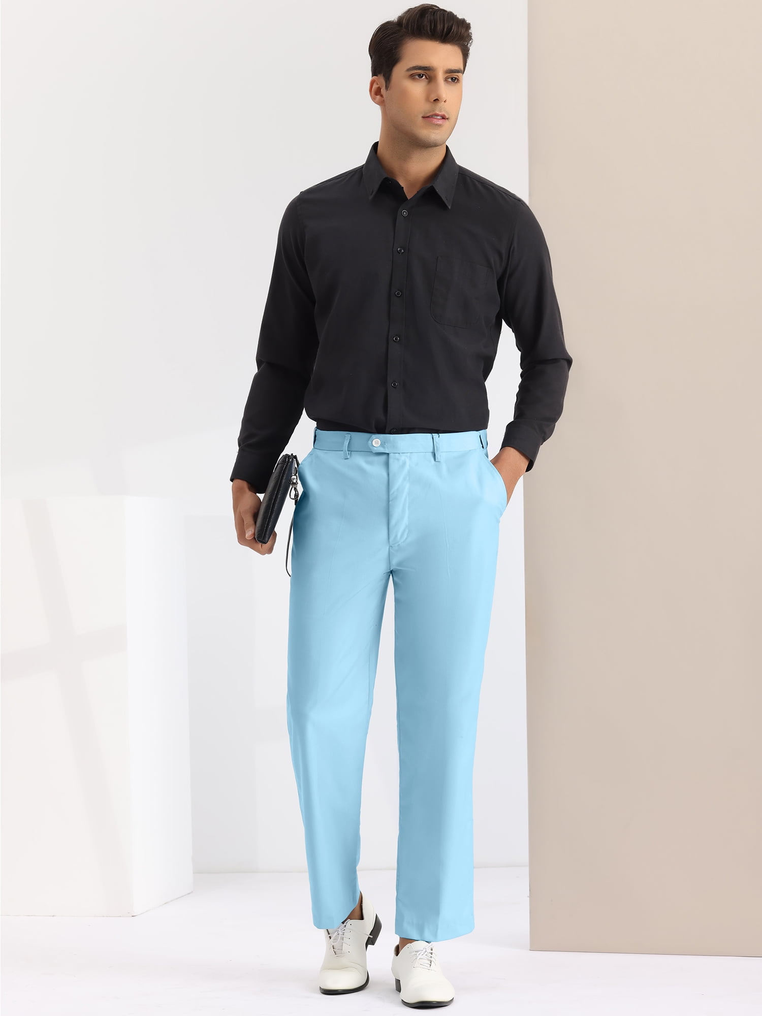 Unique Bargains Men's Dress Pants Slim Fit Flat Front Chino Business Wedding Suit Pants 28 Light Blue
