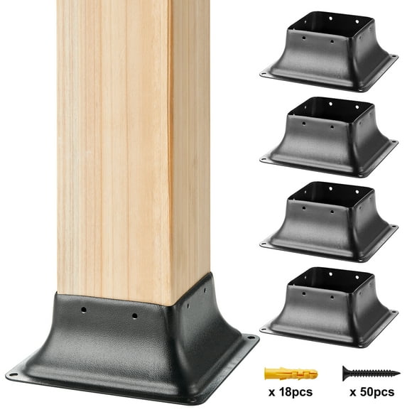 VEVOR 4x4 Post Base 4Pcs, Internal 3.6"x3.6" Heavy Duty Powder-Coated Steel Post Bracket Fit for Standard Wood Post Anchor, Decking Post Base for Deck Porch Handrail Railing Support
