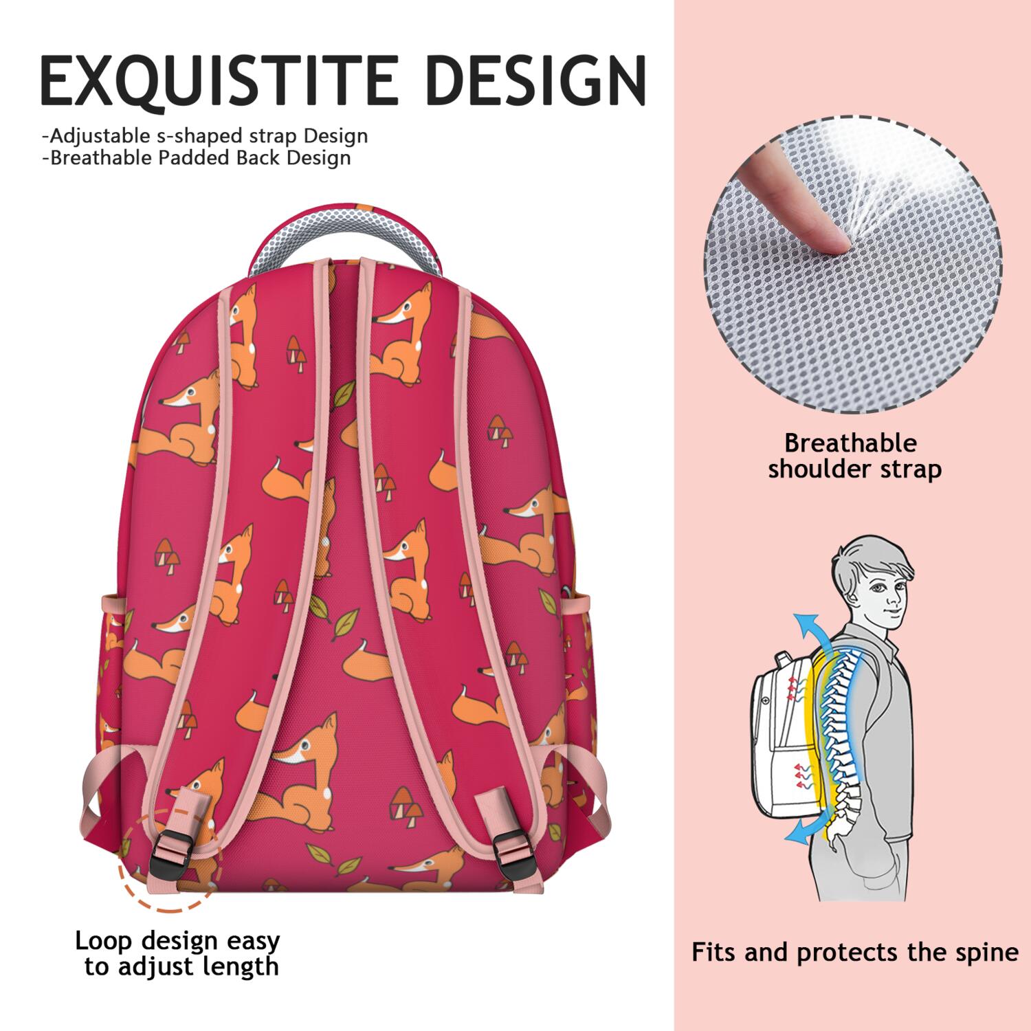 Cute Fox Cartoon Print Waterproof School Backpack - Ergonomic Student Bookbag with Spinal Support, Breathable Straps & Multiple Pockets for s & College Students