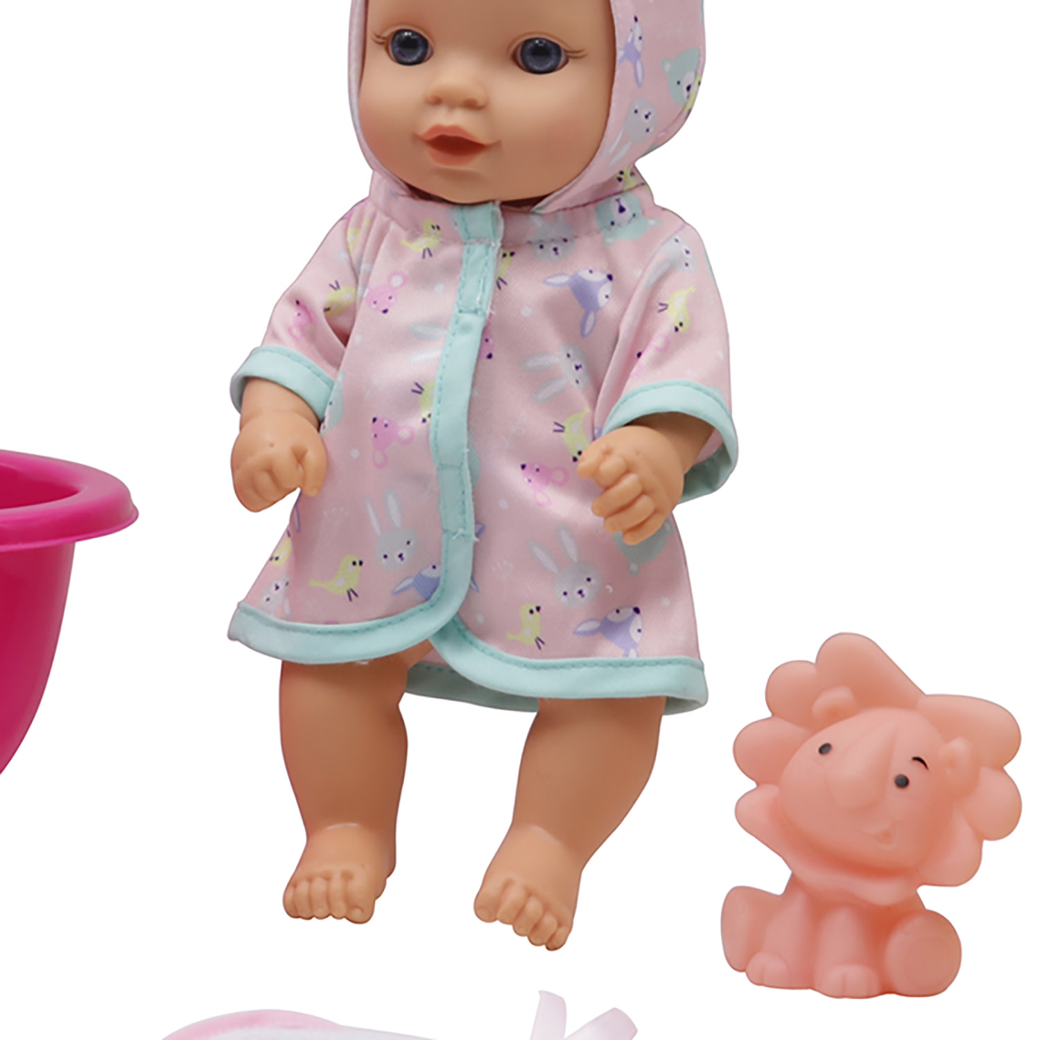 Dream Collection: 10" Baby Doll Bathing Playset - Pink & Blue - 3 Animal-Shaped Water Toys, Splash Tub, Robe & Towel, Hard Body, Kids & Toddlers 2+