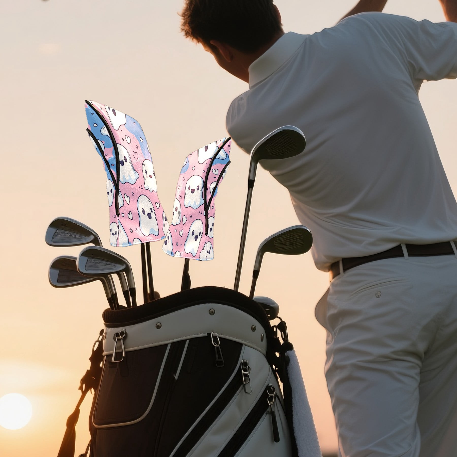 Golf Club Covers, PinkBlue Heart Ghosts Premium PU Leather Driver Hybrid Putter Head Covers with Velvet Lining, Waterproof Golf Gifts for Men Women