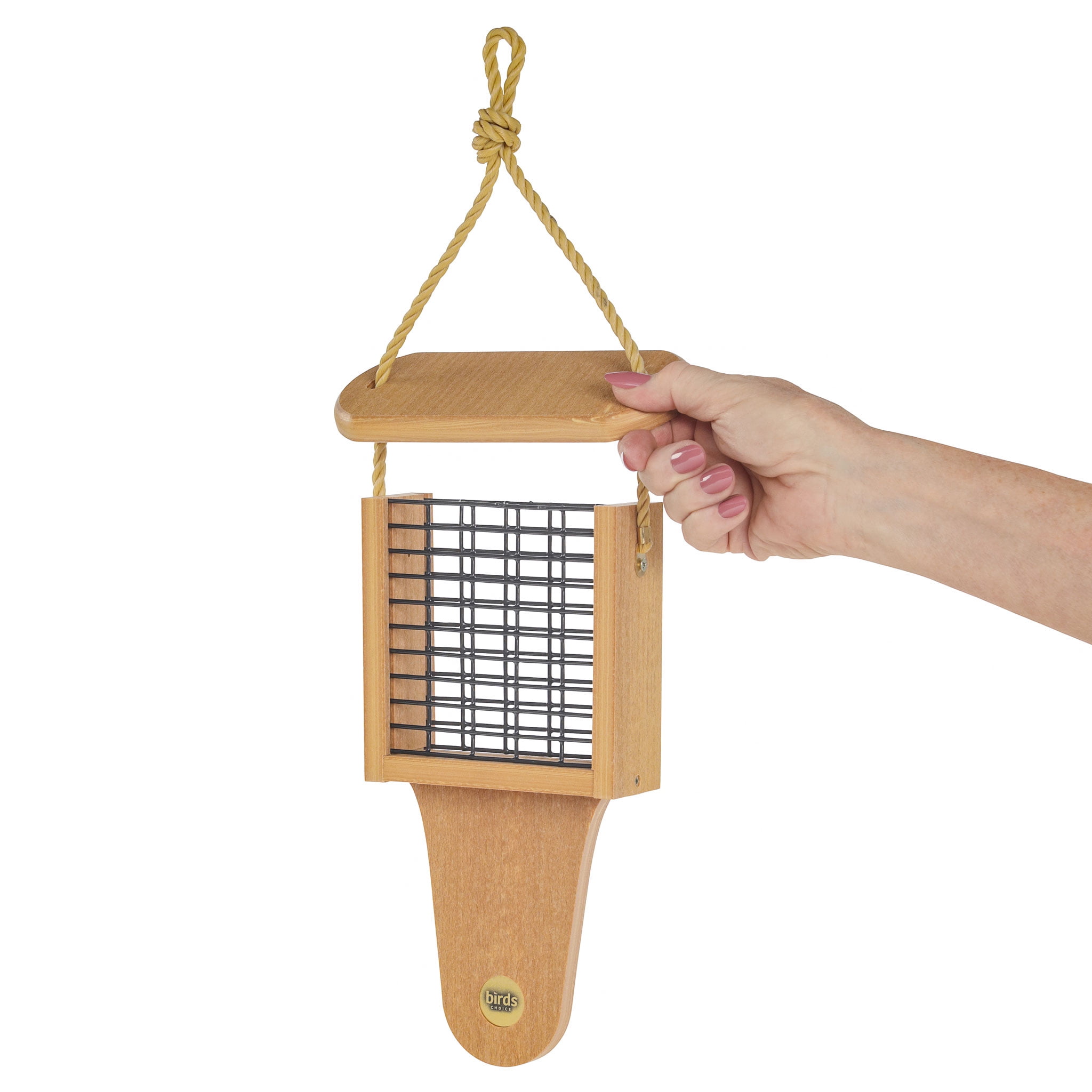 Birds Choice Modern Farmhouse Hanging Suet Bird Feeder with Tail Prop, Natural Teak