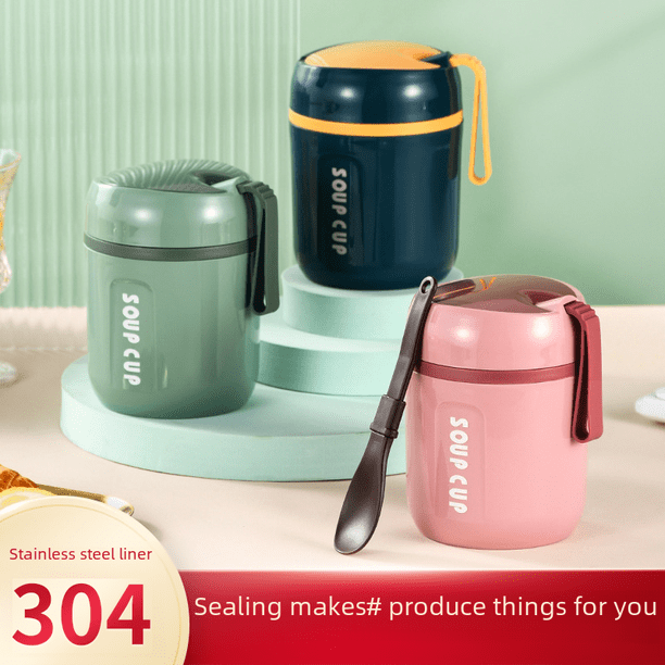 Mini taza de mano con cuchara sellada de acero inoxidable 304, taza de desayuno, taza aislada, tazas de sopa portátiles