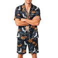 thumbnail image 2 of GrmtClth Halloween Pajamas for Men Short Sleeve Satin Finish Button Down Pumpkin Pattern Two-Piece Summer Loungewear Sleep Pjs Set with Pockets Black 4XL, 2 of 4