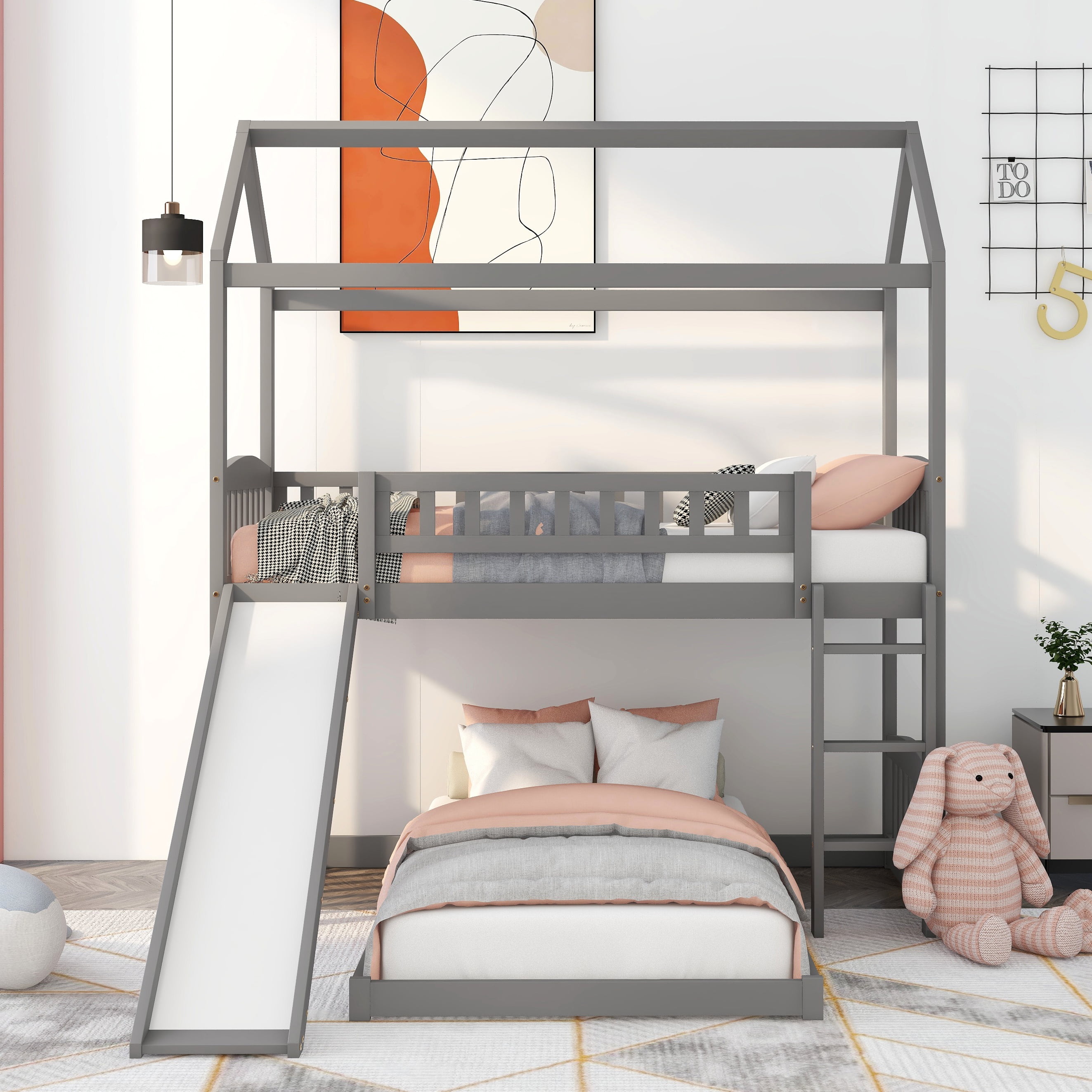 Bellemave House Bunk Bed with Slide, Wood Twin Over Twin LShape Bunk