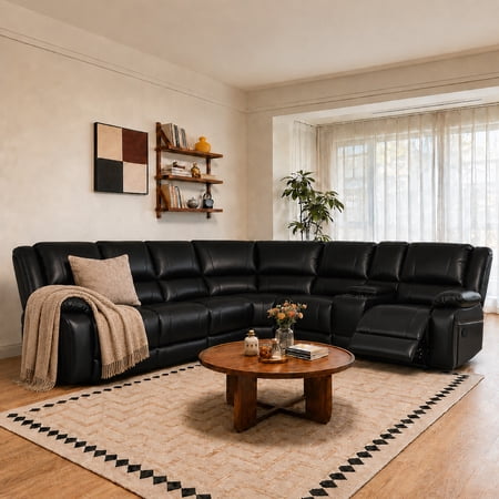 Ellesophas 6-Seat PU Leather Reclining Sectional Sofa Set with Footrest, Storage Console & 2 Cup Holders, Perfect for Living Room & Home Theater, Black
