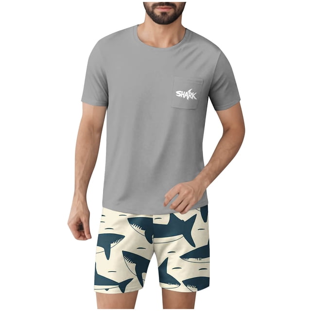 Ensembles de Pyjamas 2 Pcs pour Hommes Ultra Doux Texturés Costumes Athlétiques Extensibles Col Rond Manches Courtes Chemises Athlétiques Extensibles Séchage Rapide Vêtements de Détente Shorts Ensembles d'Été Hommes 2 Pcs Chemise de Nuit