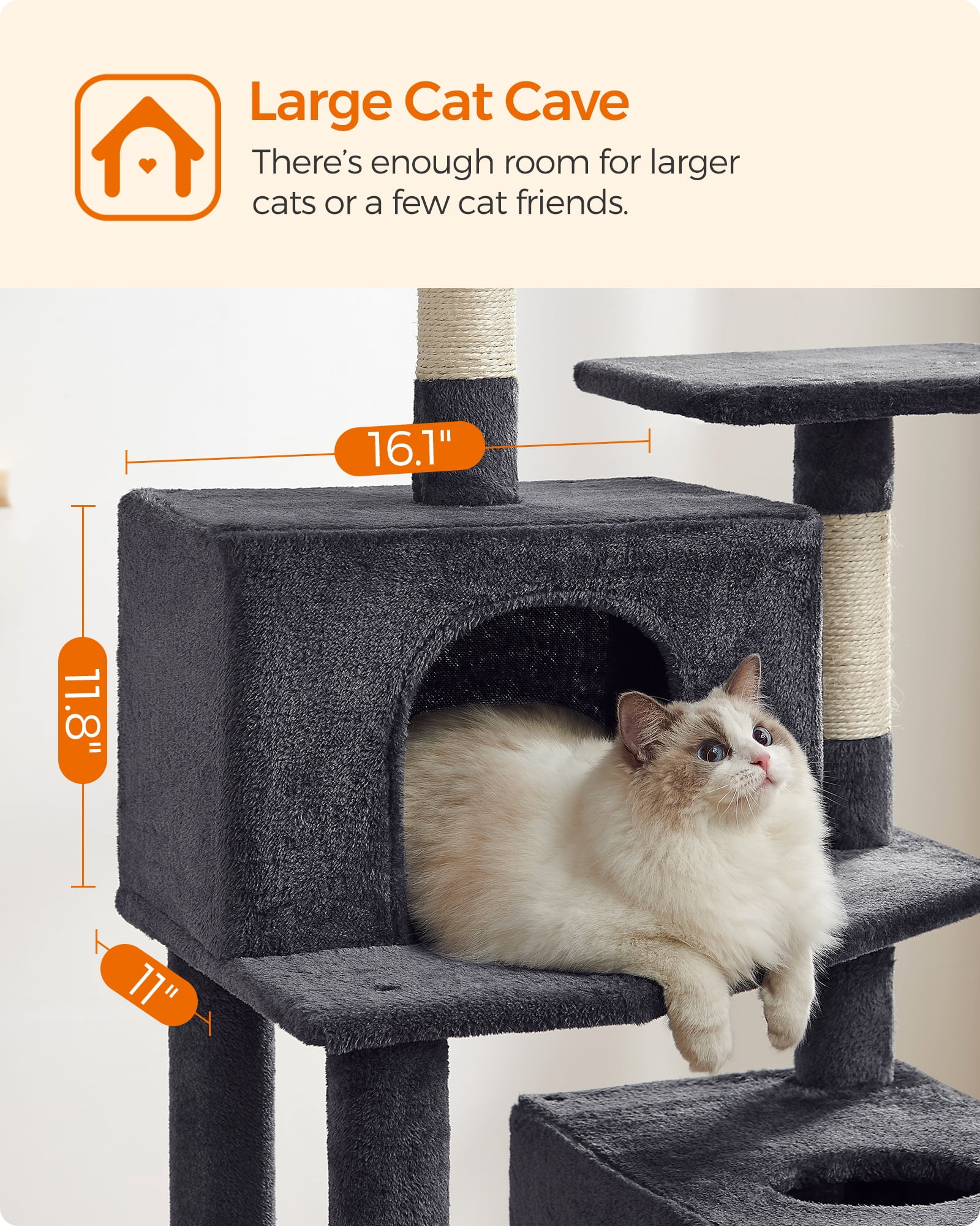 75.2"H Cat Tree Cat Tower for Indoor Cats, Plush Multi-Level Cat Condo with Scratching Posts, Perches, Caves, Hammock, Smoky Gray