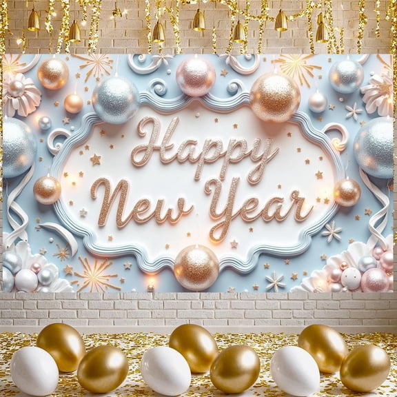 Gold Silver Theme Happy New Year Banner Star Decoration New Year Banner Snowflake Design Blue Background Christmas Banner for New Year Party Christmas Celebration Holiday Gathering