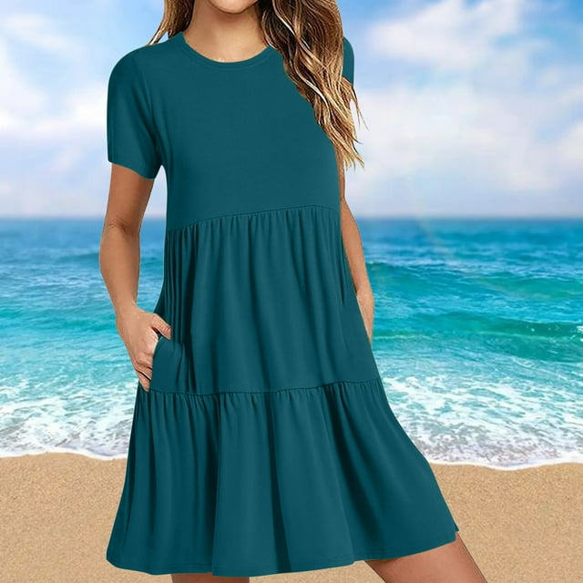 Robe d'Été pour Femmes 2024 Mode Grande Taille Décontractée à Manches Courtes Robe T-Shirt Robe Mini à Étages avec Poches Rabais de 50 % Liquidation!