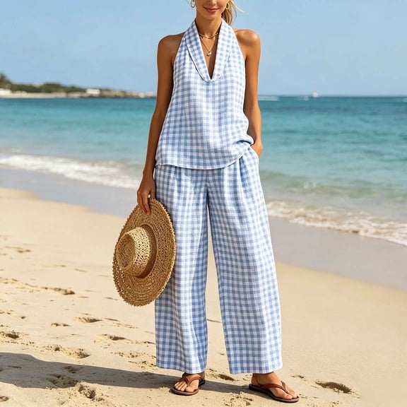 Cagogo Women Plus Size 2 Piece Halter Neck Sleeveless Tank Top Wide Leg Pants Set Plaid Boho Beach Outfits Loose Summer Vacation Cruise Matching Lounge Suit Tracksuits, Blue S