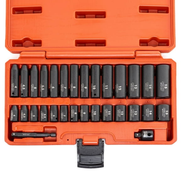 NEIKO 02481A 1/4" Drive Impact Socket Set, 30 Piece, Metric Sizes 4 – 15 MM, Deep and Shallow Sockets, Chrome Vanadium Steel, 3/8” to 1/4” Reducer, Hex Shank Socket Impact Adapter, Socket Wrench Set