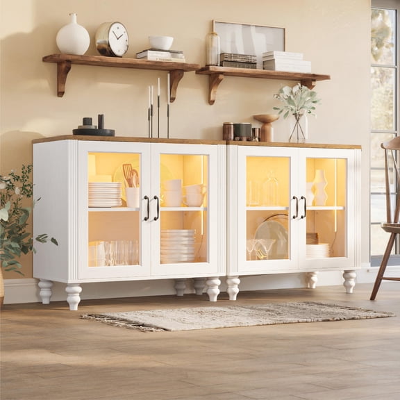 Sideboard Buffet Cabinet with Glass Doors & Adjustable Shelves - White Modern Storage Cabinet for Entryway, Living Room
