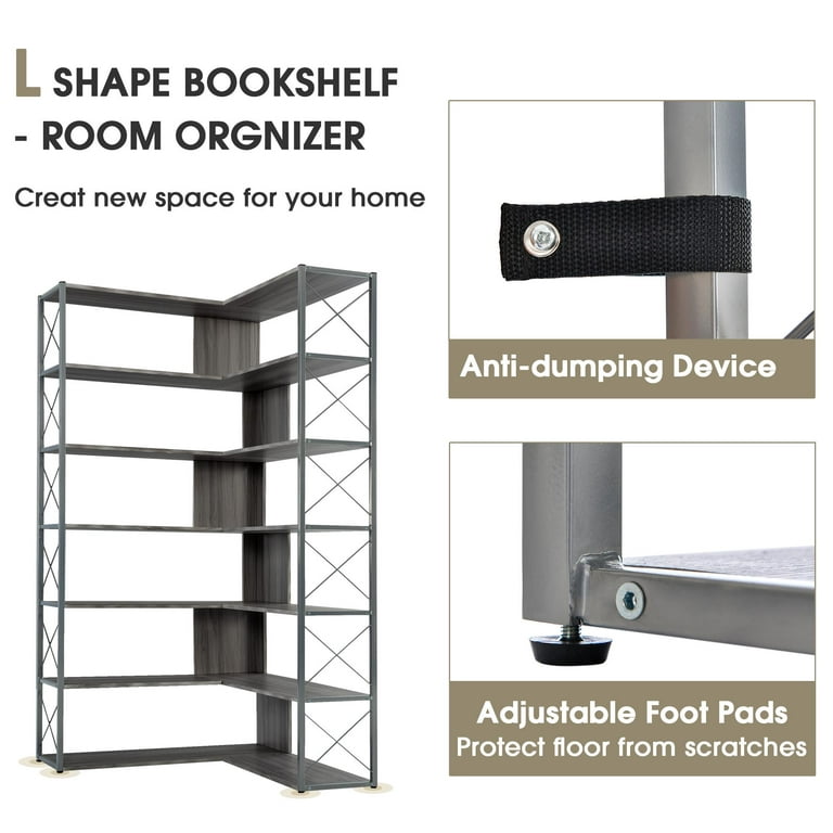 7-Shelf Corner Bookshelf, L-Shaped Bookcase Display Rack