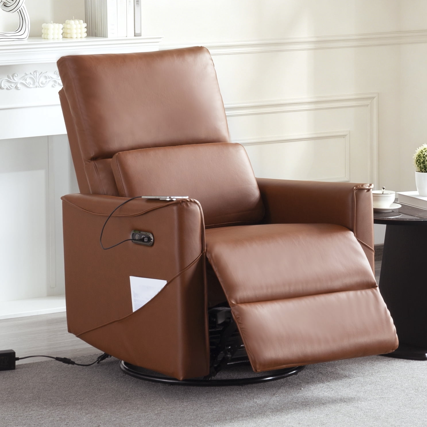 Gewnee 29.13"Power Rocking Recliner Chair,360°Swivel Recliner Chair with USB & Type-C Ports,Adjustable Reclining Positions,PU Swivel Recliner for Living Room,Office,Bedroom.Brown