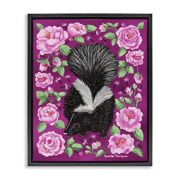 Stupell Industries Skunk & Rose Blossoms Animals Painting Black Floater Framed Canvas Art Print Wall Art, 17 x 21