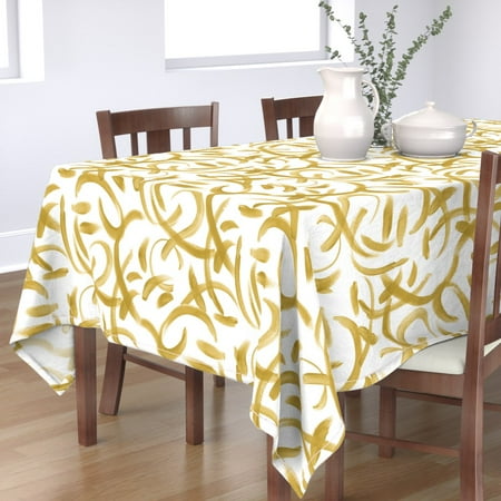 

Cotton Sateen Tablecloth 70 x 90 - Gold Brushstroke Abstract Painted Painterly White Chic Glam Print Custom Table Linens by Spoonflower