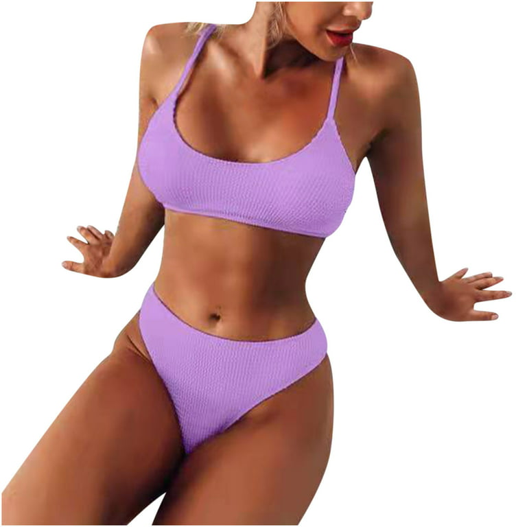 Quealent Womens Bathing Suit with Shirt Women Two Piece Swimsuits High  Waisted Bikini High Neck Top Sporty Bathing Suits,Purple X-Large