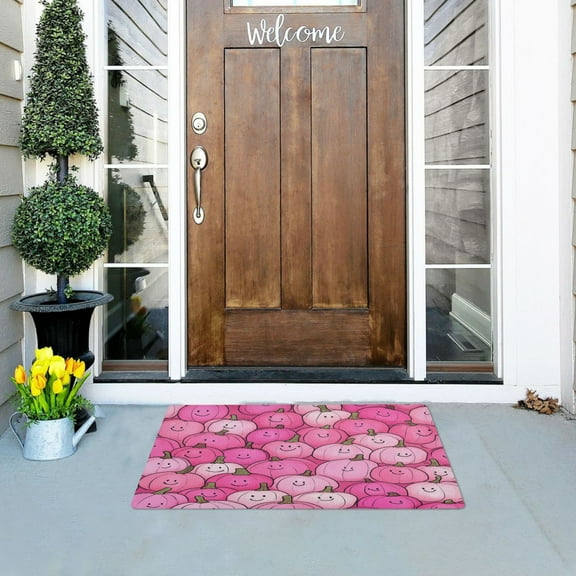 Pink Cartoon Pumpkin Pattern Versatile Absorbent Door Mat, Non-Slip, Easy to Clean 32''x20''