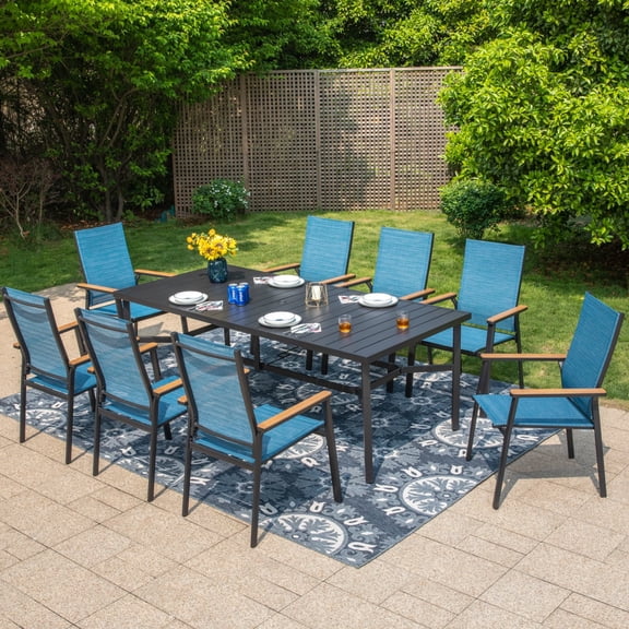 SUMMIT LIVING 9-Piece Outdoor Patio Dining Set, 83" Large Rectangle Patio Table with Umbrella Hole and Stacking Aluminum Textilene Chairs, Blue