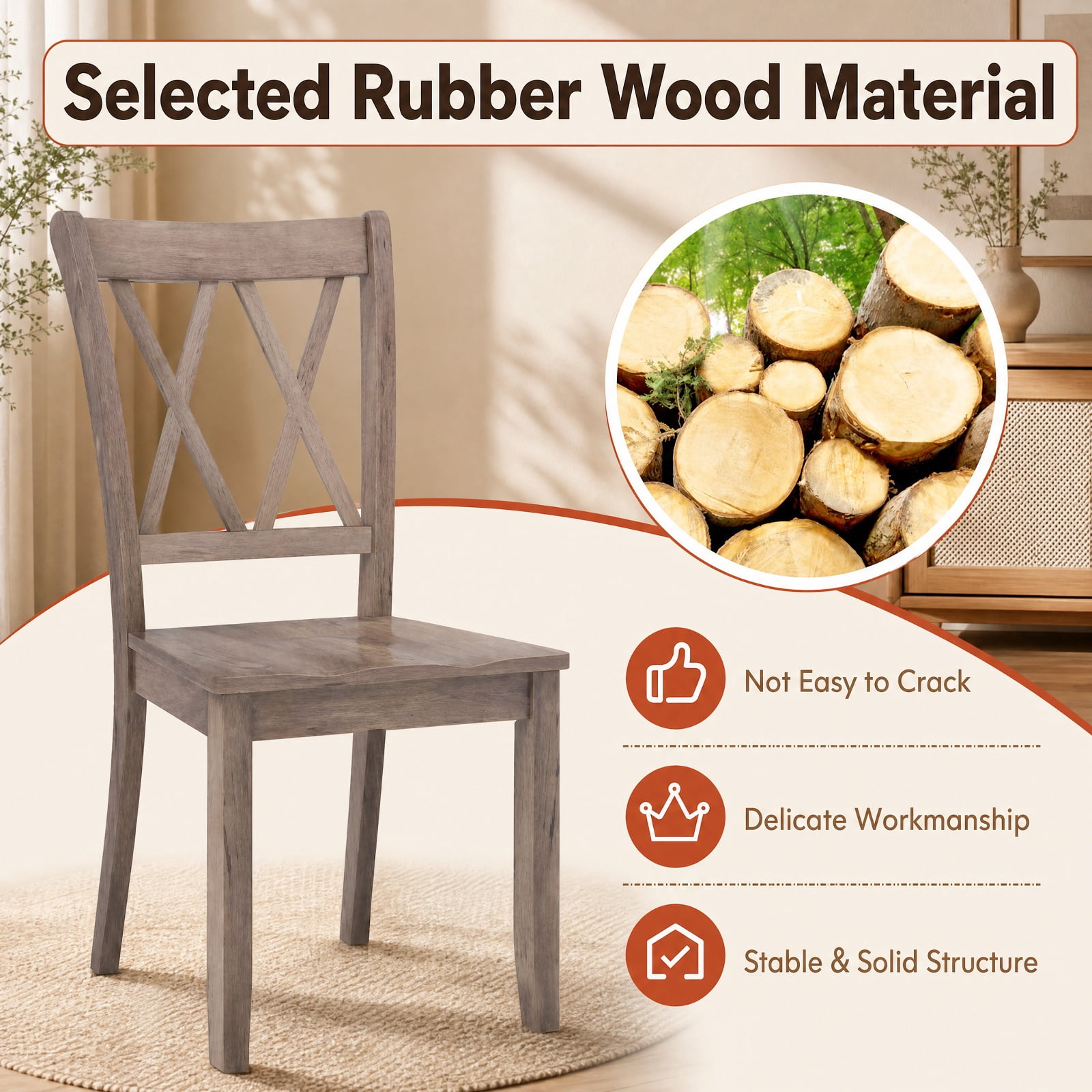Furnibear Mid Century Wooden Dining Chairs Set of 2 with High Backrest and Solid Rubber Wood Frame for Farmhouse Kitchen, Brown