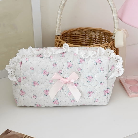 ShaoXinWan Pink Floral Lace Three Dimensional Makeup Storage Bag, Large Capacity Portable Travel Pouch, Soft Fabric Organizer For Daily Cosmetics, Student Stationery And Short Trips