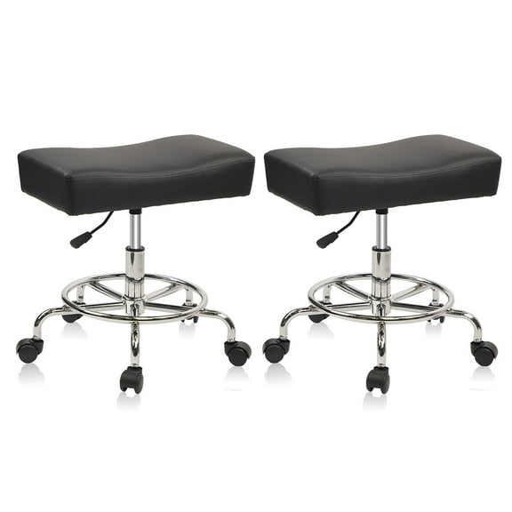 Heavy Duty Extra Wide Rolling Stool PU Leather Thickened Seat Cushion with Foot Rest Adjustable Height Swivel with Wheels for Spa Salon Tattoo Work Massage Barstool, Black, 2 Pack