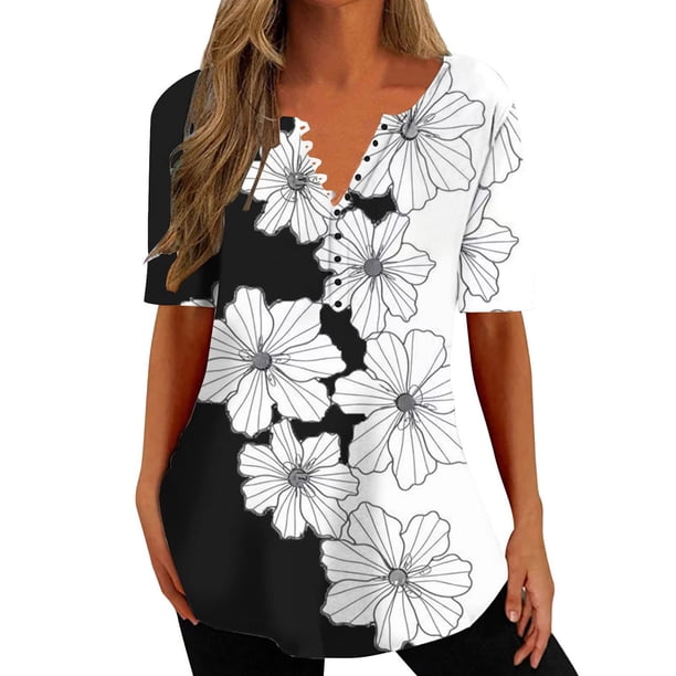 Gibobby Playera de Verano para Mujer Camisas verano para mujer, camisetas manga corta con cuello en V estampado 2023, camisetas con estampado floral, tú(Blanco,M)
