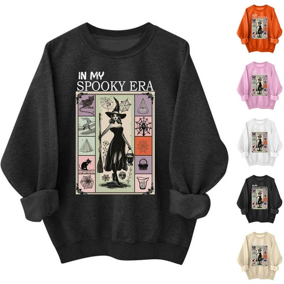 VKOYWKM Oversized Sweatshirts Women Halloween Sweatshirt Funny Witch Crew Neck Sweatshirt Long Sleeve Pullover Tops Vintage Spooky Graphic Sweatshirts