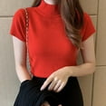 thumbnail image 2 of Chandail à Col Montant Demi-Haut Uni pour Femmes, Mode, Ajusté, Manches Courtes, T-Shirt Tricoté, Rouge, 2 of 6