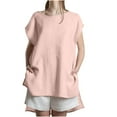 thumbnail image 2 of Wycnly Womens Tops Dressy Casual Plus Size Comfy Cotton Linen Irregular Hem Pullover Shirts with Pocket Summer Short Sleeve Round Neck Tops Solid Blouse Pink m, 2 of 6