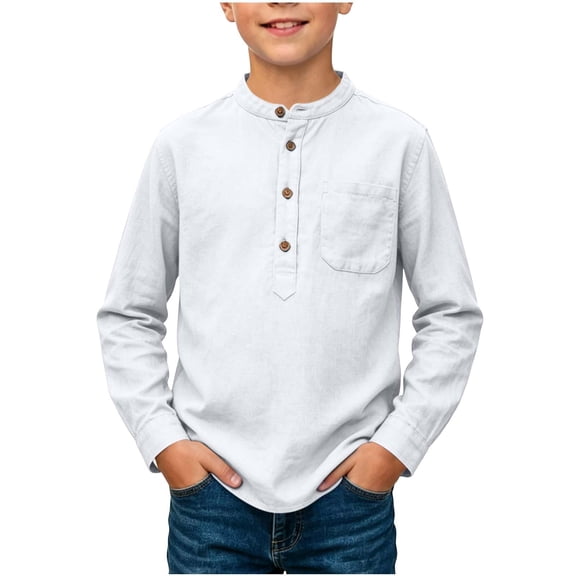 Abcomgle Boys Long Sleeve Shirts Size 6 Button Up Cotton Linen Henley Shirts for Kids Boys Winter Basic Boys Tops Lightweight Boys Tee Tops