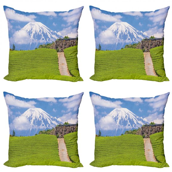Mountain Throw Pillow Cushion Case Pack of 4, Tea Fields of Japan Meadow View Tranquil Scene, Modern Accent Double-Sided Print, 4 Sizes, Sky Blue Lime Green, by Ambesonne