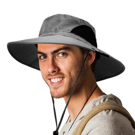 SUN CUBE Wide Brim Sun Hat for Men & Women UPF 50+ UV Protection Breathable Mesh Boonie Hat with Adjustable Chin Strap Packable Fishing Hiking Safari Hat Grey