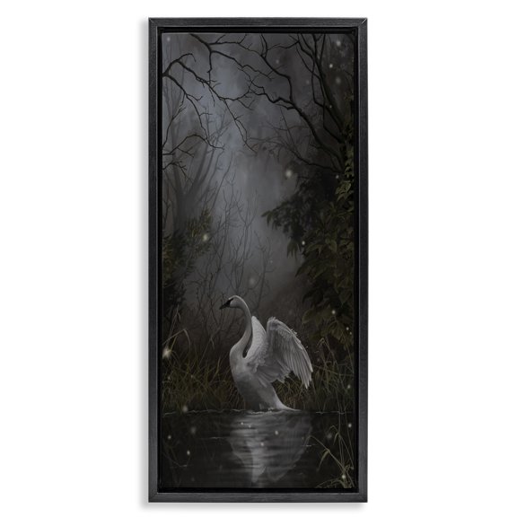 Stupell Industries Contemporary Swan in Dark Night Pond Black Floating Frame Canvas Art, 11 x 25, by Nene Thomas
