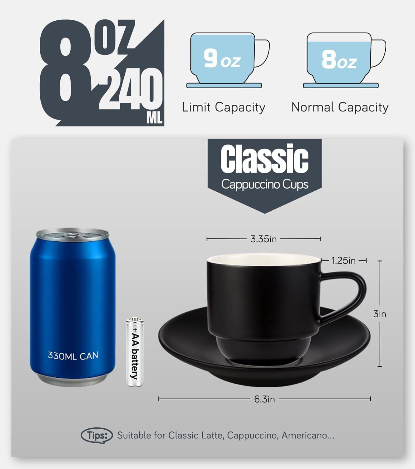 Lareina 3-Ounce Espresso Cups Set of 4, Small Stackable Coffee Cups with Saucers, Spoons and Metal Stand, Ceramic Demitasse Mugs, Espresso Accessories for Machine, Black