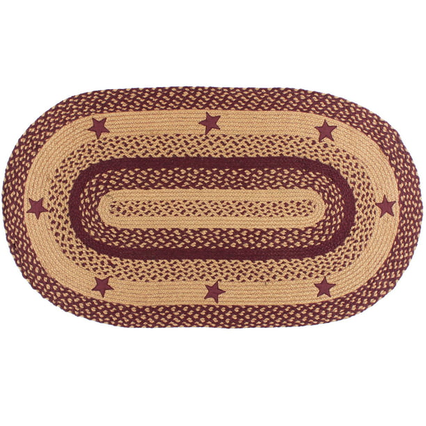 Braided Rug Wine Tan Stars Jute Country, Small Braided Rugs Oval