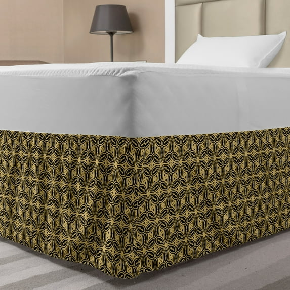 Abstract Bed Skirt, Pattern of Graphic Classical Ornate Artwork, Elastic Bedskirt Dust Ruffle Wrap Around for Bedding Decor, 4 Sizes, Pale Camel Charcoal Grey, by Ambesonne