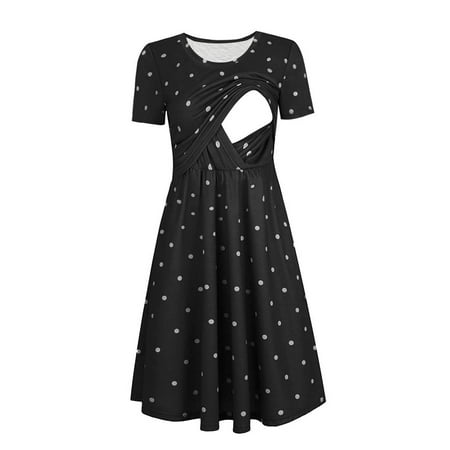 

asdoklhq Maternity Dresses for Women Clearance Women Dots Print Short Sleeve Breast-feeding Pregnant Maternity Nursing Dress