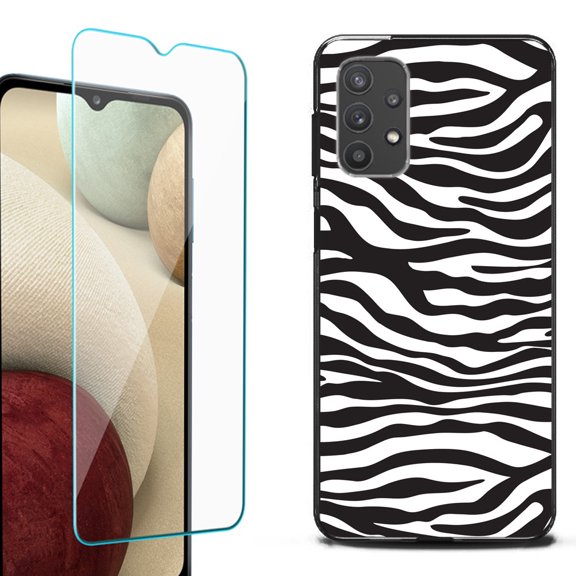 Slim-Fit Flexible TPU Gel Phone Case (black) for Samsung Galaxy A32 5G, with Tempered Glass Screen Protector, by OneToughShield ® - Zebra B/W