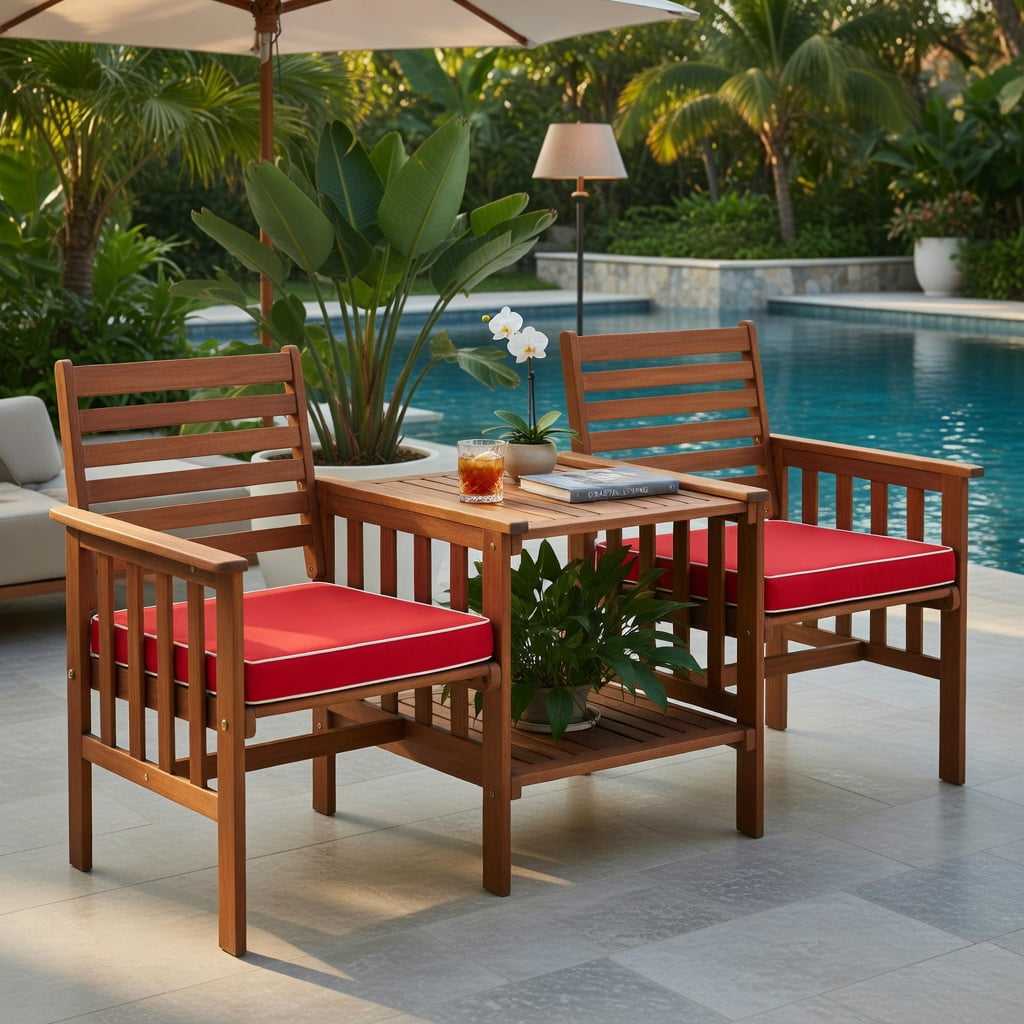 Hommoo 3-Piece Outdoor Patio Furniture Set, Acacia Wood Loveseat with 2 Cushions & Square Coffee Table, Red