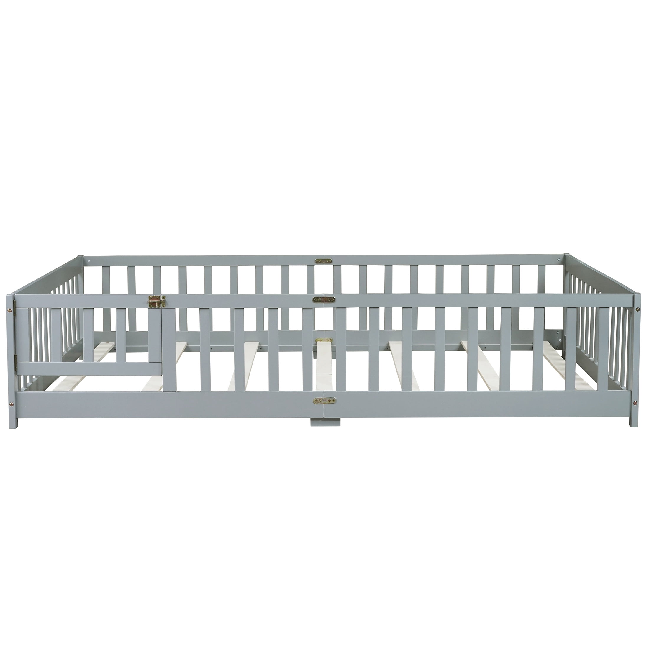UHOMEPRO Queen Size Floor Bed with Door and Fence for Kids, Toddler Bed Montessori Floor Bed with Slats and Safety Guardrails, Solid Wood Queen Bed Frame for Girls Boys Kids Bedroom, Gray