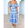 thumbnail image 6 of Women'S Summer Casual Midi Dress Puffy Short Sleeve Square Neck Smocked Tiered Ruffle Dresses Sky Blue Flowers L, 6 of 7