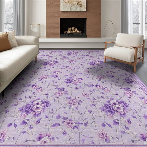 ODIKA 8'x10' Washable Area Rug Non-Slip Chair-Friendly Mat Purple Dotted Beige Tassel Border Decorative Pink Boho for Dining Room, Large Office, Lounge